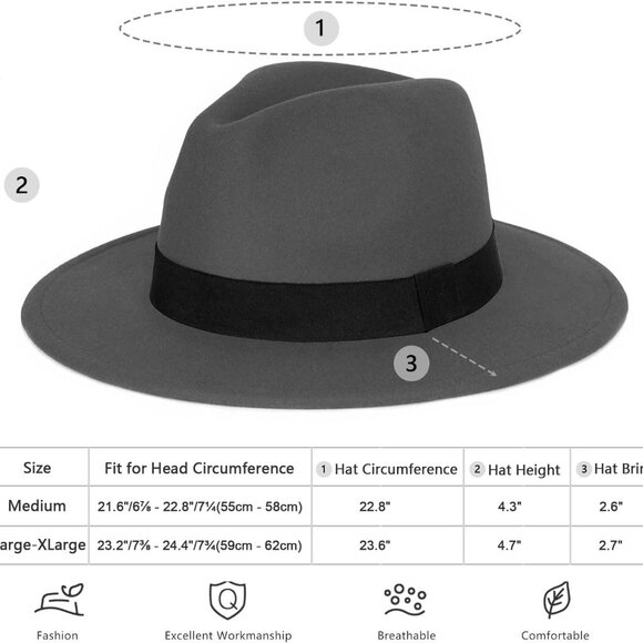 Classic Fedora Hats for Men & Women Wide Brim Felt Hat Panama Dress Fedora Hat - Picture 6 of 7